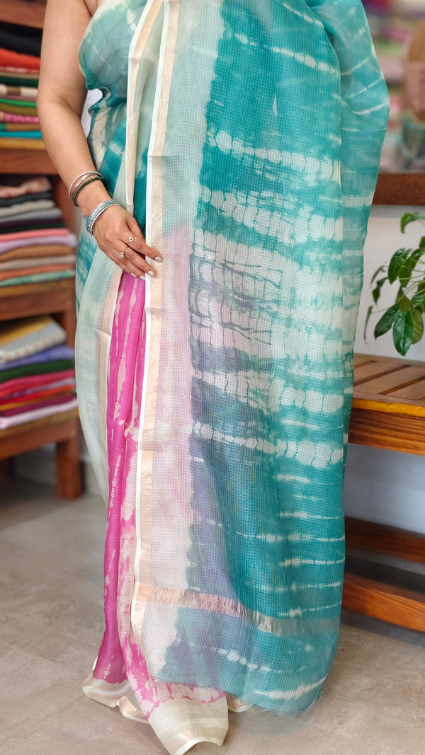 Pink and Teal Shibori Printed Kota Silk Saree - KTS3