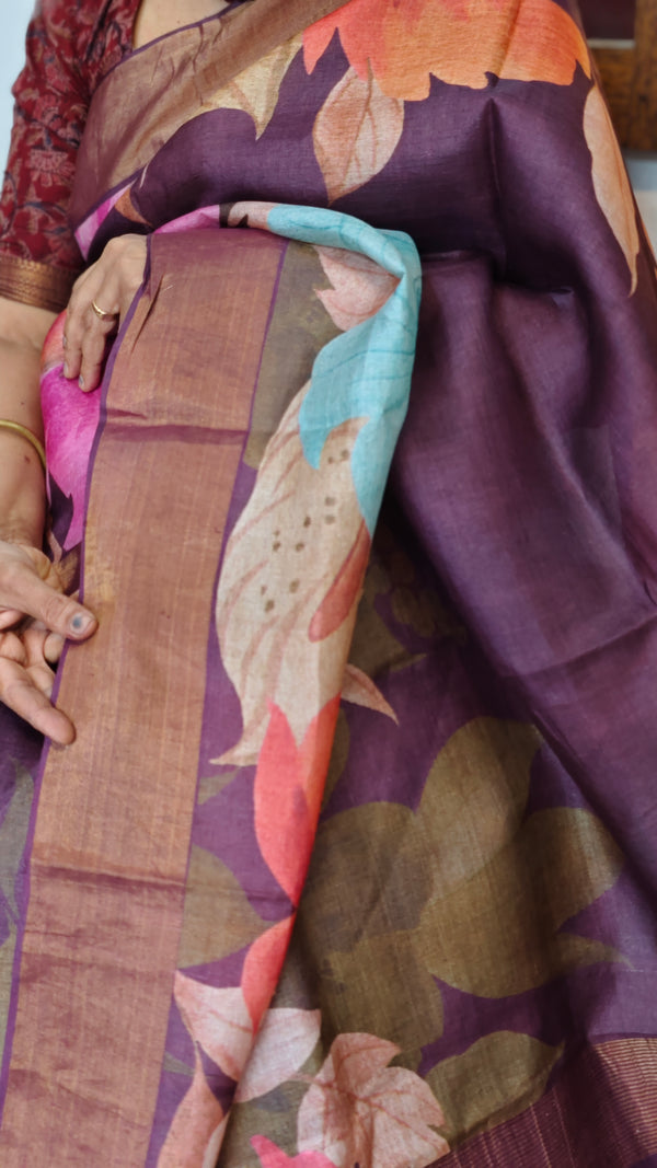 Wine Shade Floral Printed Tussar Silk saree