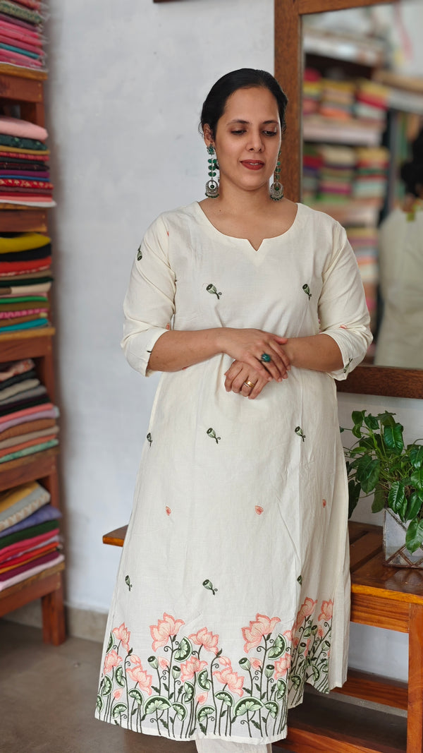 Off white A line Kurti with Embroidery
