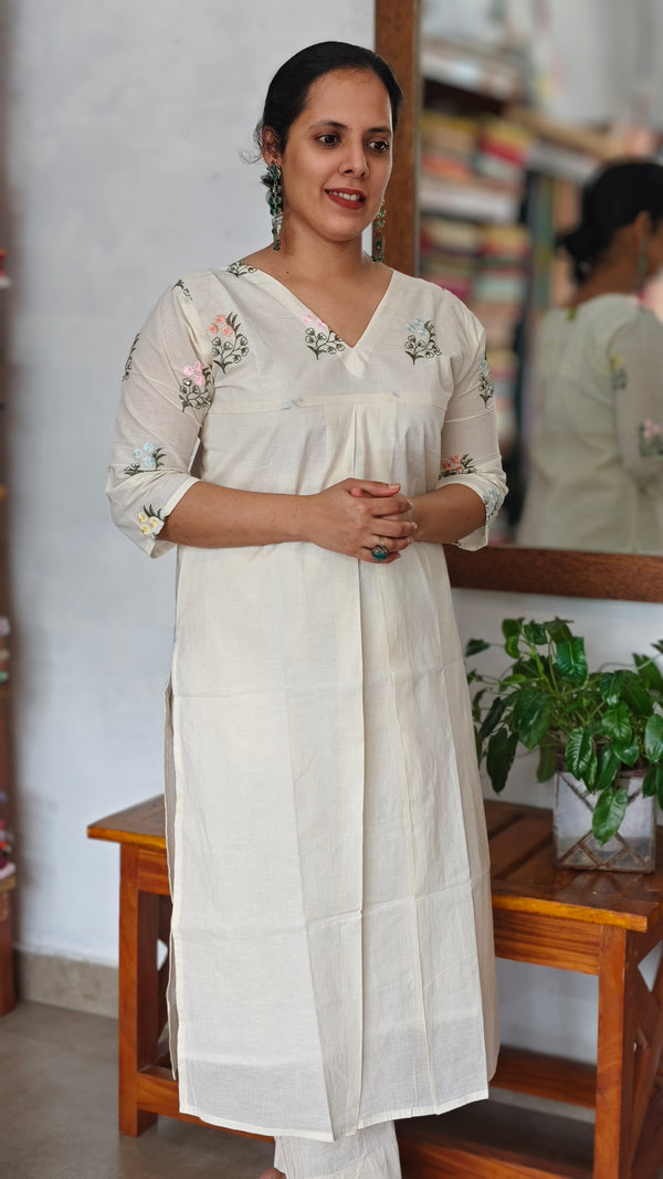 Off White Cotton Pleated Kurti