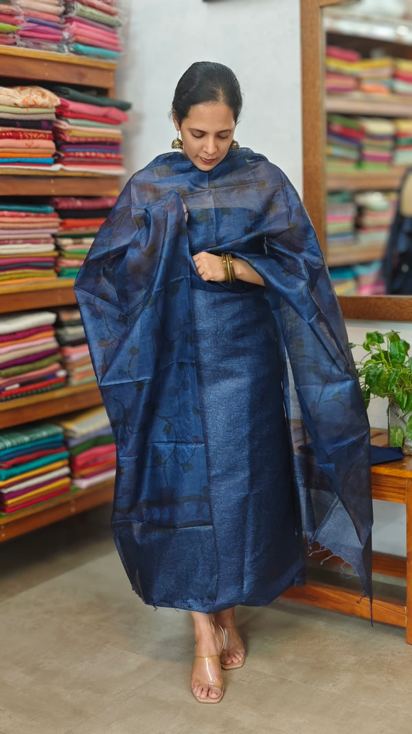 Navy Blue Printed Tussar Silk Suit - PTS25