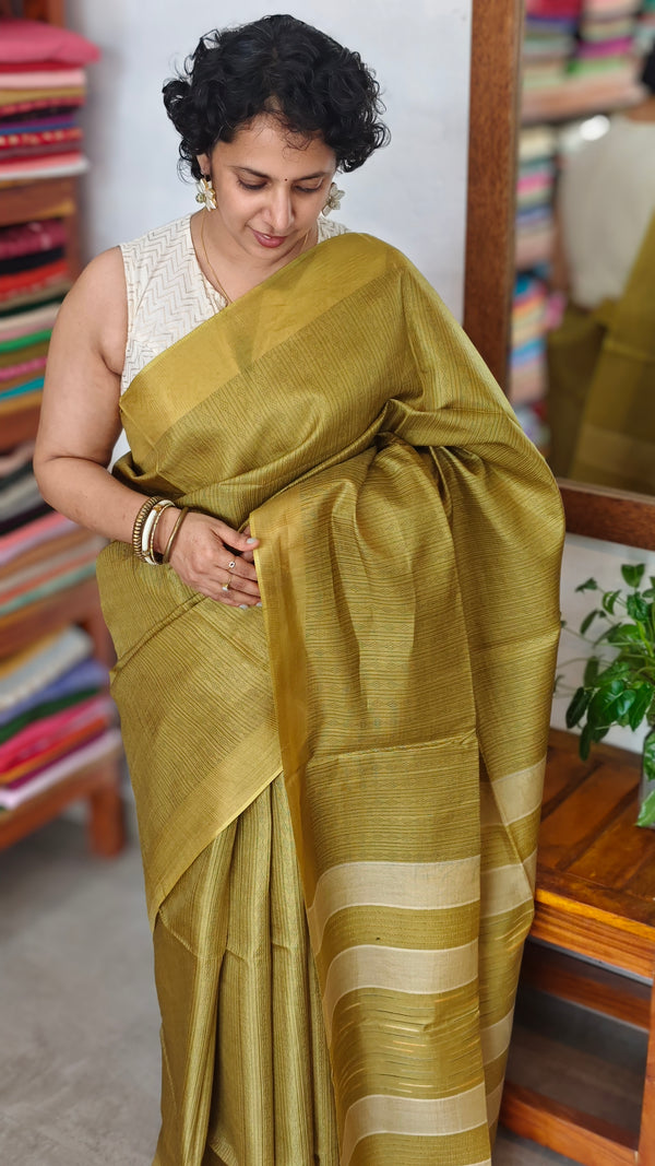 Mustard Green Semi Tussar Silk Saree - TF51