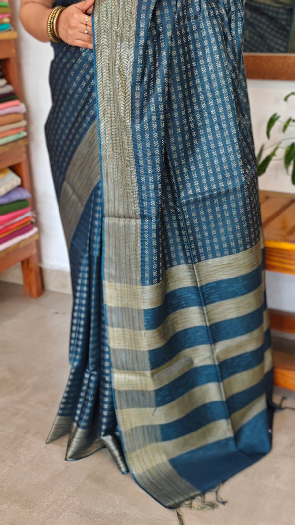 Classic Blue Semi Tussar Silk Saree - TF51 - 4