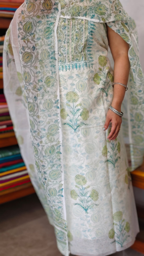Off White Block Printed Cotton Suit with Kota Doria Dupatta