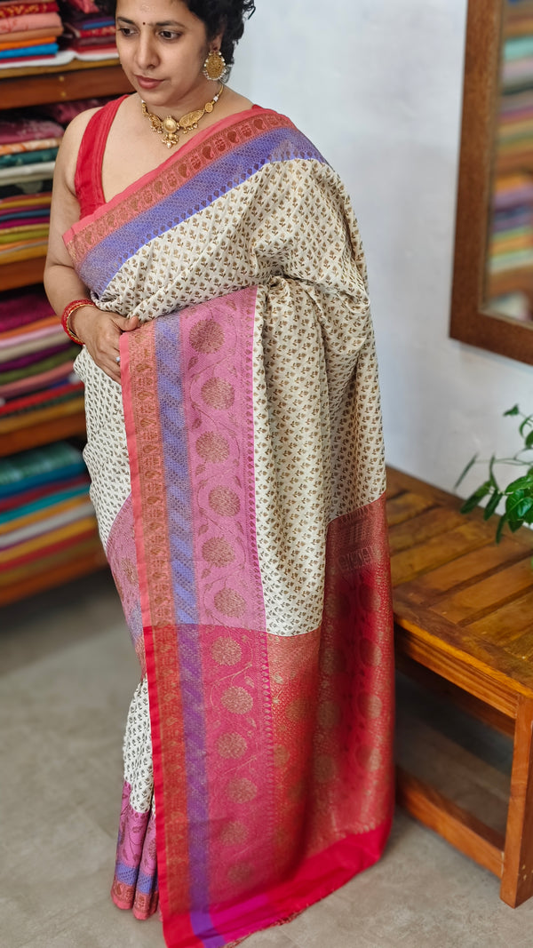 Cream and Pink Banarsi saree