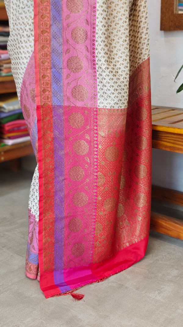 Cream and Pink Banarsi saree