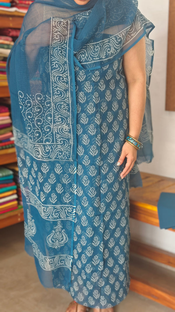 Classic Blue Block Printed Kota Doria Suit - GD331