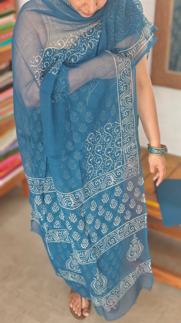 Classic Blue Block Printed Kota Doria Suit - GD331