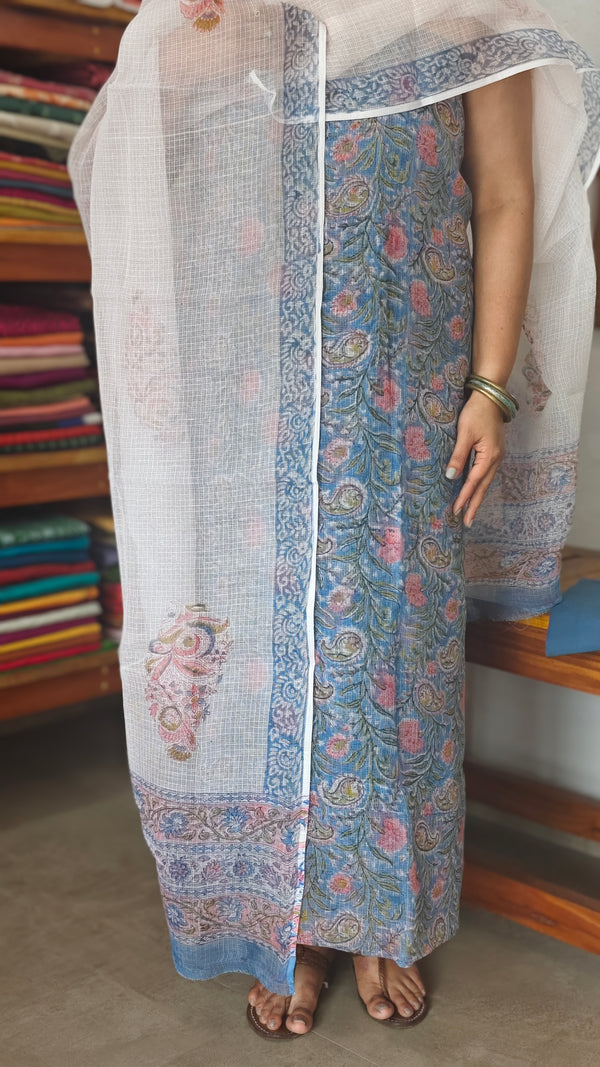 Blue and White Block Printed Kota Doria Suit - GD331
