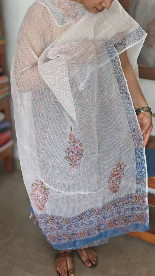 Blue and White Block Printed Kota Doria Suit - GD331
