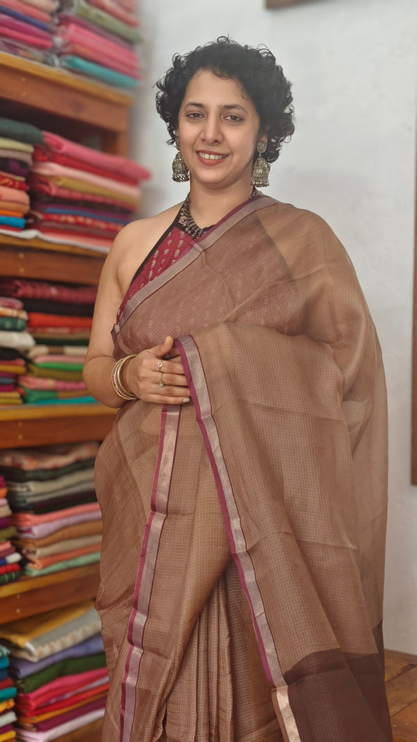 Dark Beige with Wine Border Kota Silk Saree - KTS3 - A1M