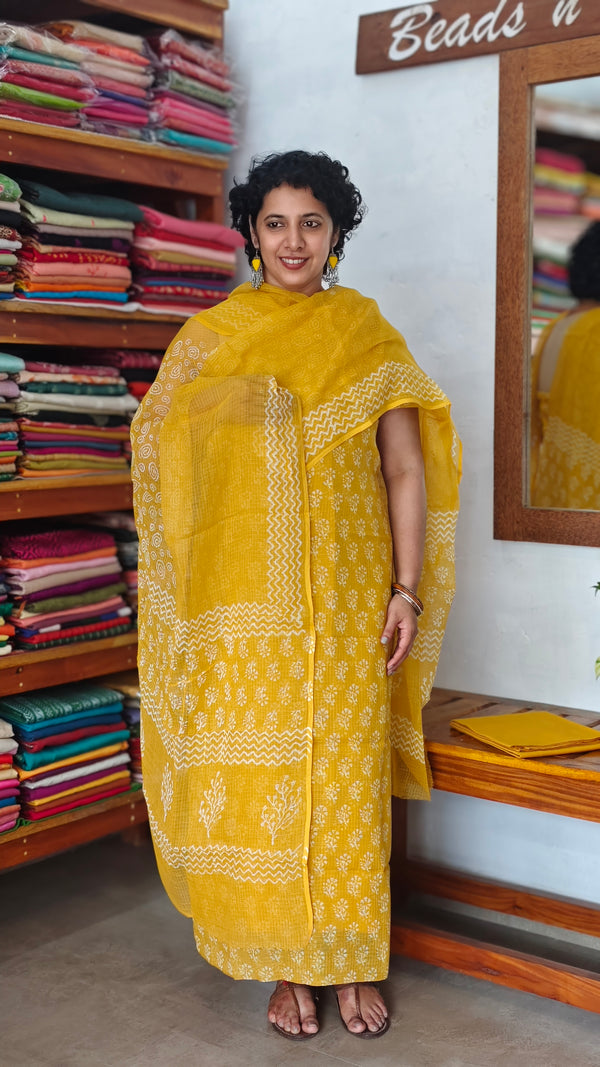 Mustard Yellow Block Printed Kota Doria Suit - GD331