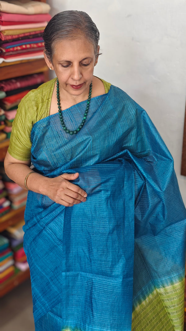 Blue and Green Tussar Silk Saree - 4D98