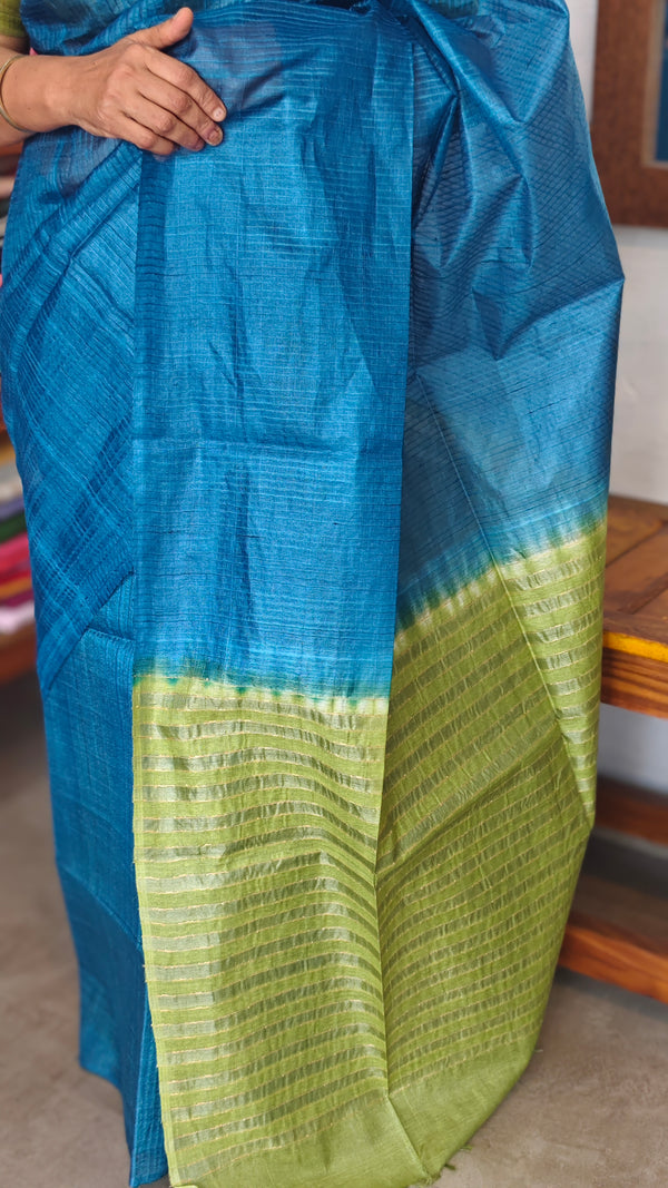 Blue and Green Tussar Silk Saree - 4D98