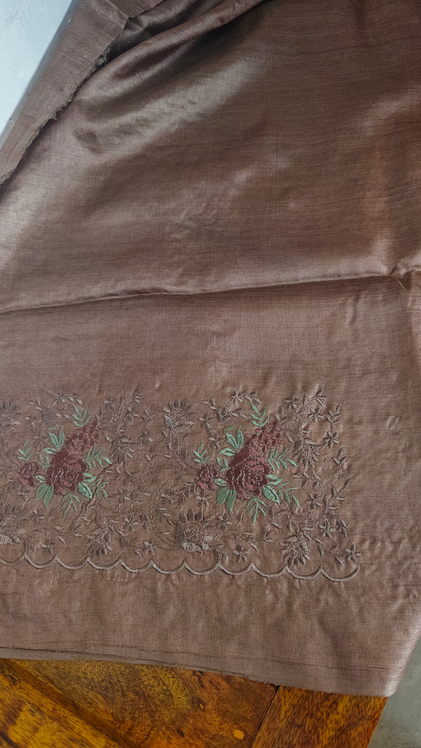 Chocolate Mauve Embroidered Tussar Silk Saree