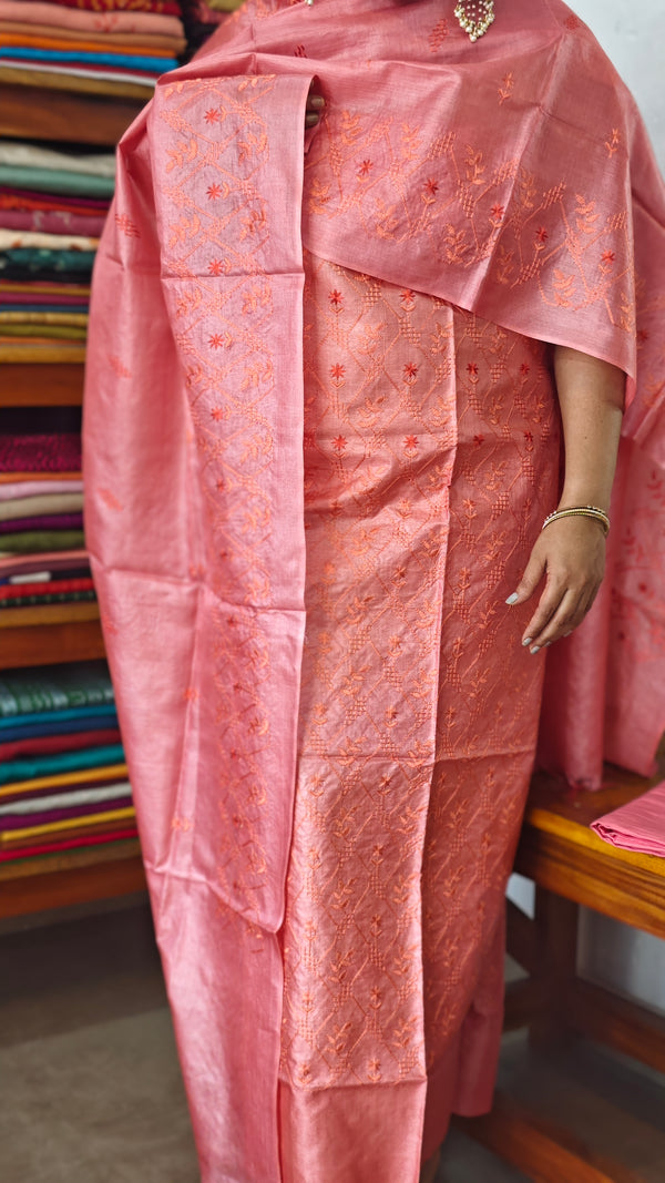 Dark Peach Embroidered Tussar Silk Suit - TBW4