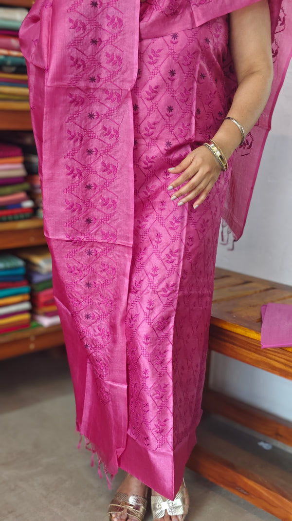 Dark Pink Embroidered Tussar Silk Suit - TBW4