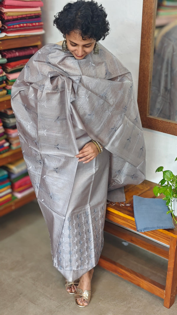 Light Grey Embroidered Tussar Silk Suit - GV83