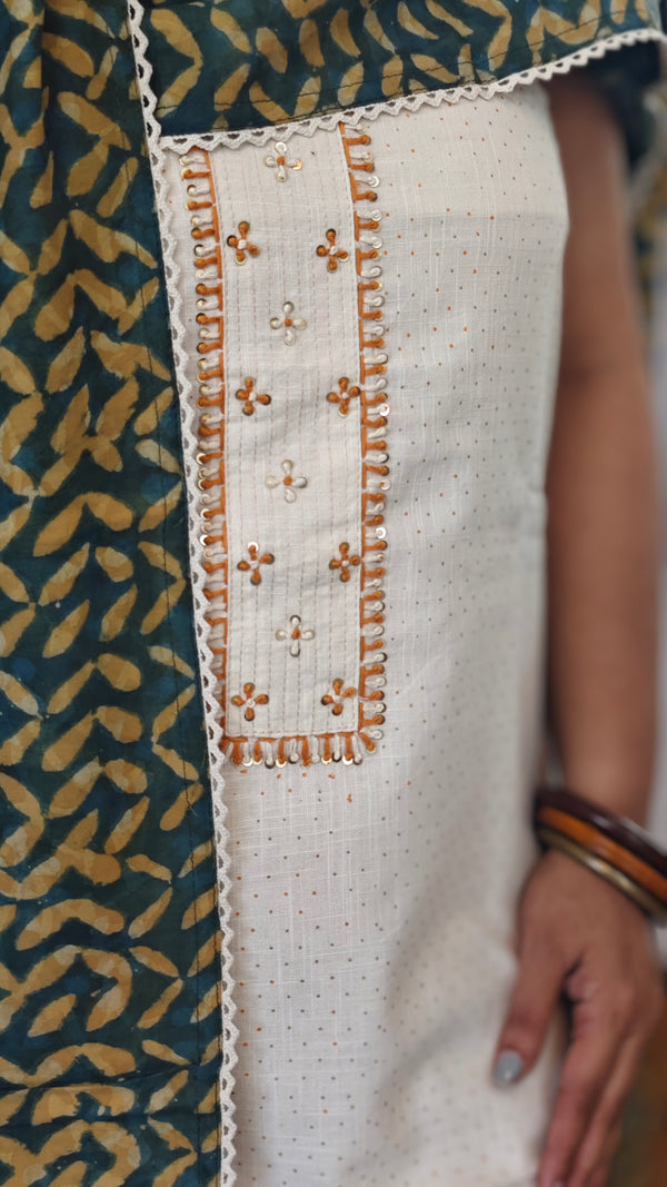 Off white cotton suit with Ajrakh Dupatta