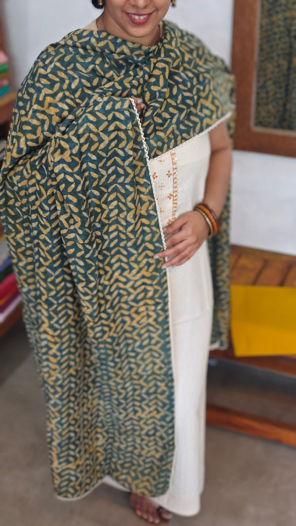 Off white cotton suit with Ajrakh Dupatta