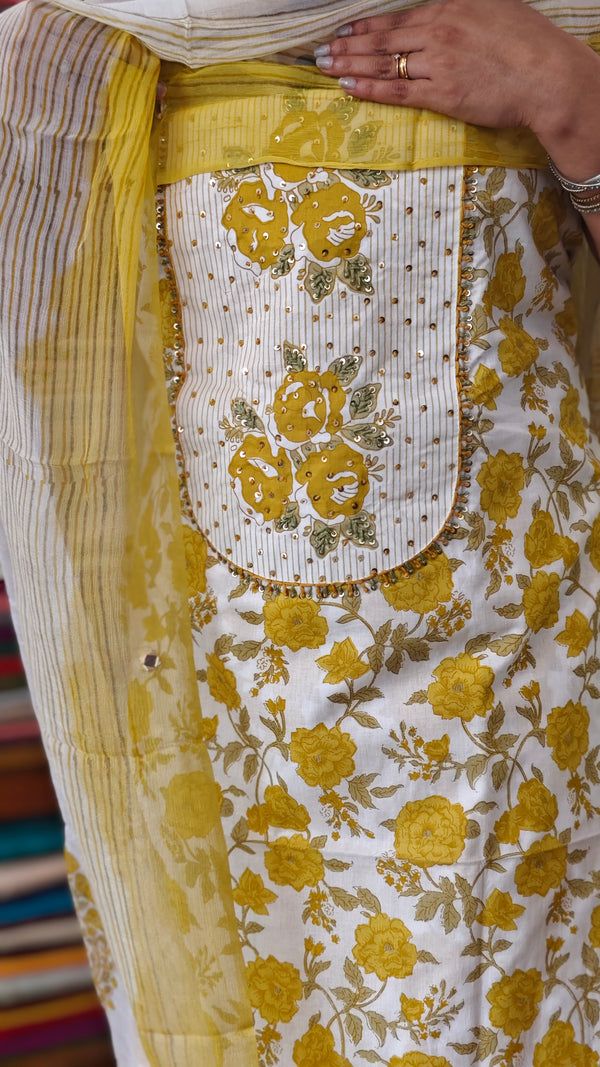 Yellow Floral Cotton Suit with Chiffon Dupatta - XC33