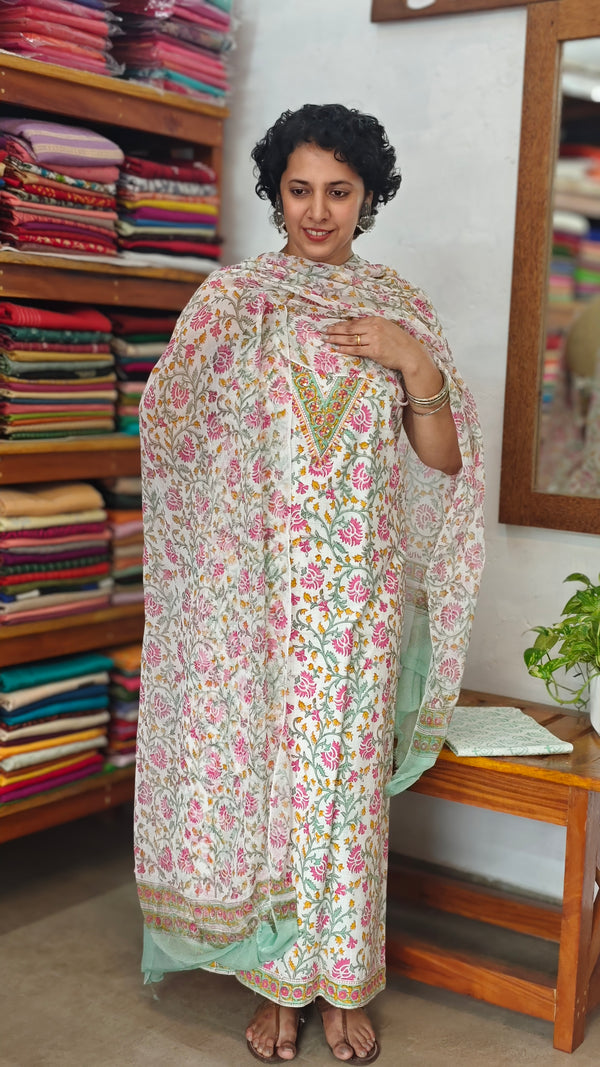 White Floral Printed Cotton Suit - XC33