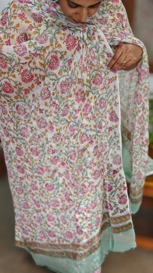 White Floral Printed Cotton Suit - XC33