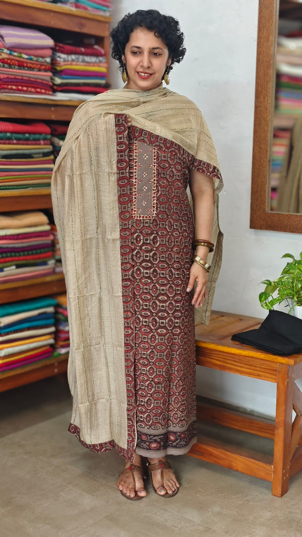 Brown Ajrakh Printed cotton Suit - XC33
