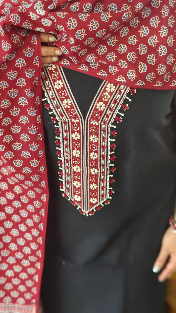 Black Suit with Red Ajrakh Dupatta - XC33