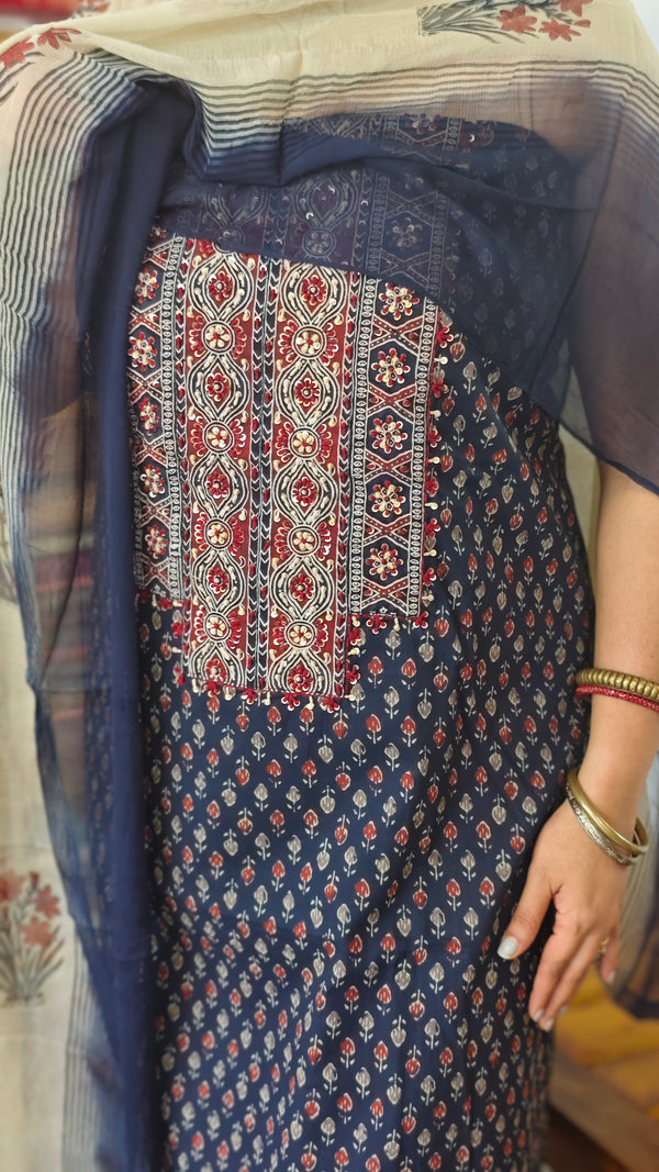 Navy Blue cotton Suit with chiffon dupatta - XC33