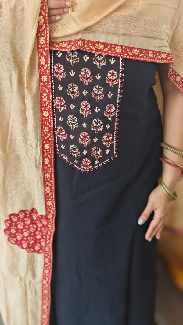 Black cotton suit with chanderi dupatta - XC33