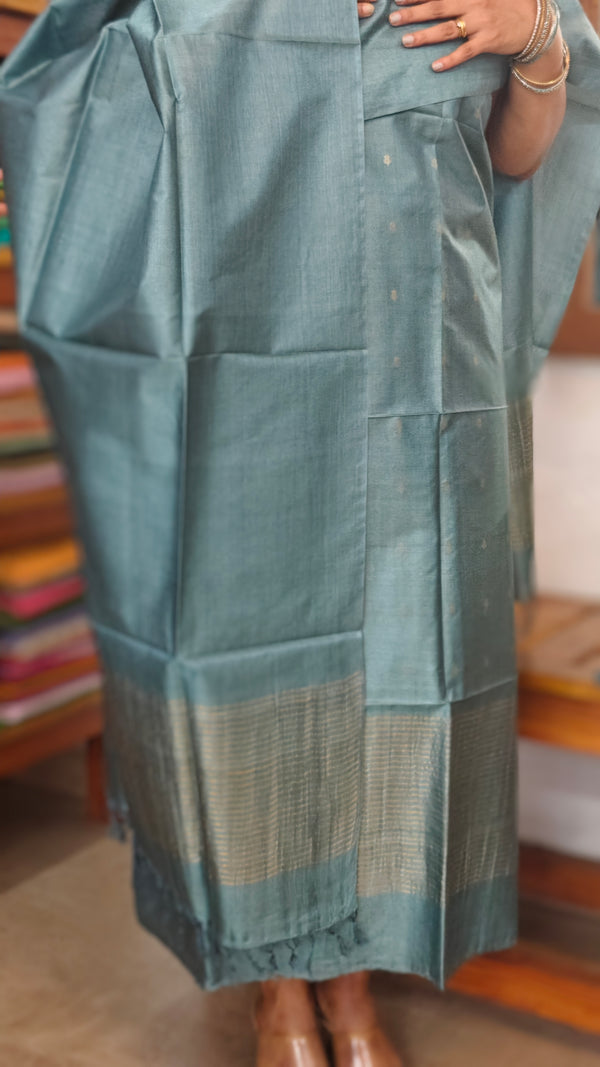 Teal Zari Woven Tussar Silk Suit - PT18
