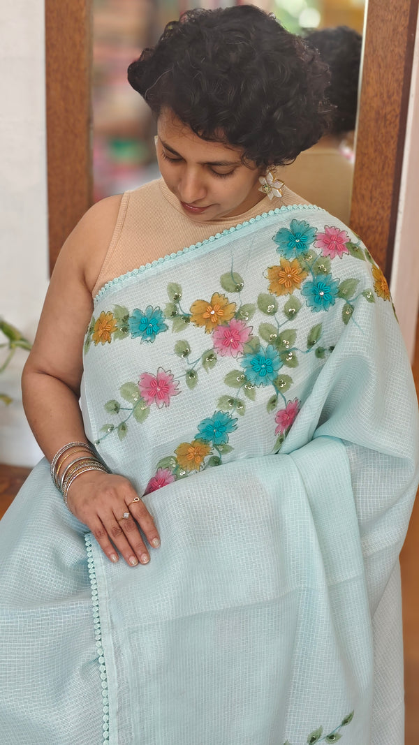 Pastel Blue Painted Silky Kota Saree