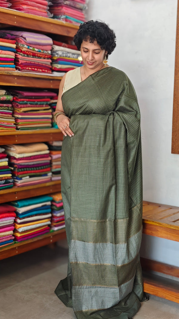 Dark Green Thin Striped Semi Silk Saree - BGR9