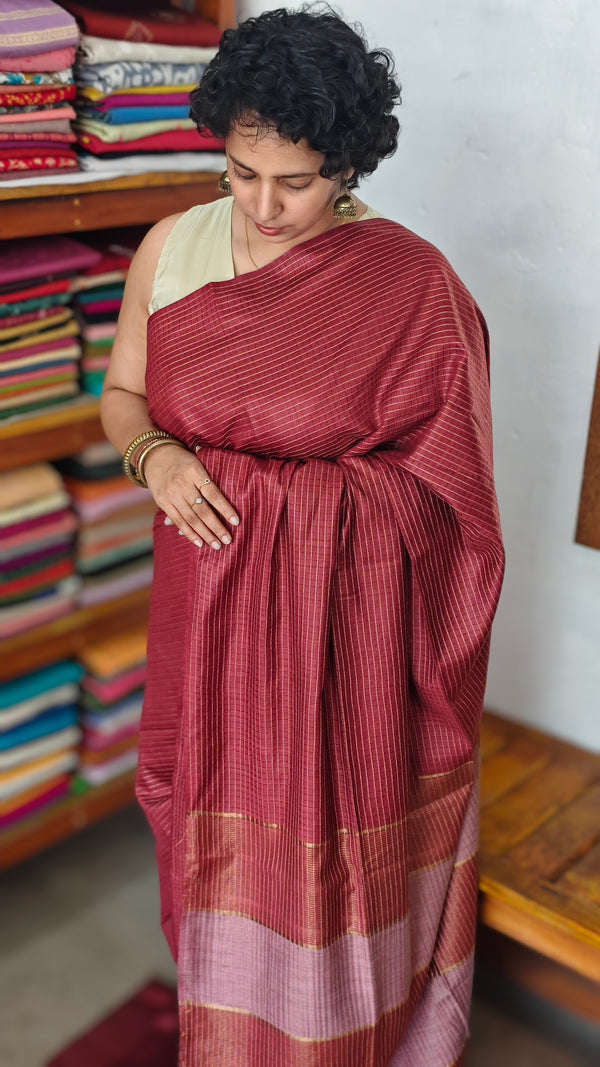 Maroon Thin Striped Semi Silk Saree - BGR9