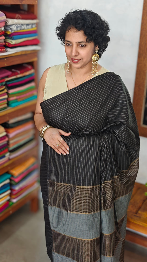 Black Thin Striped Semi Silk Saree - BGR9
