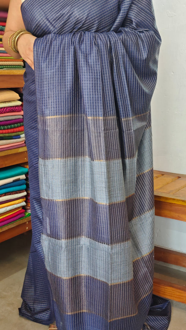 Navy Blue Thin Striped Semi Silk Saree - BGR9