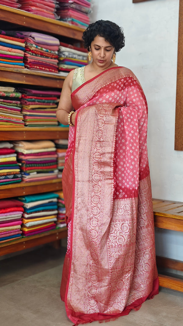 Pink and Dark Peach Bandhani Organza Saree - YK25