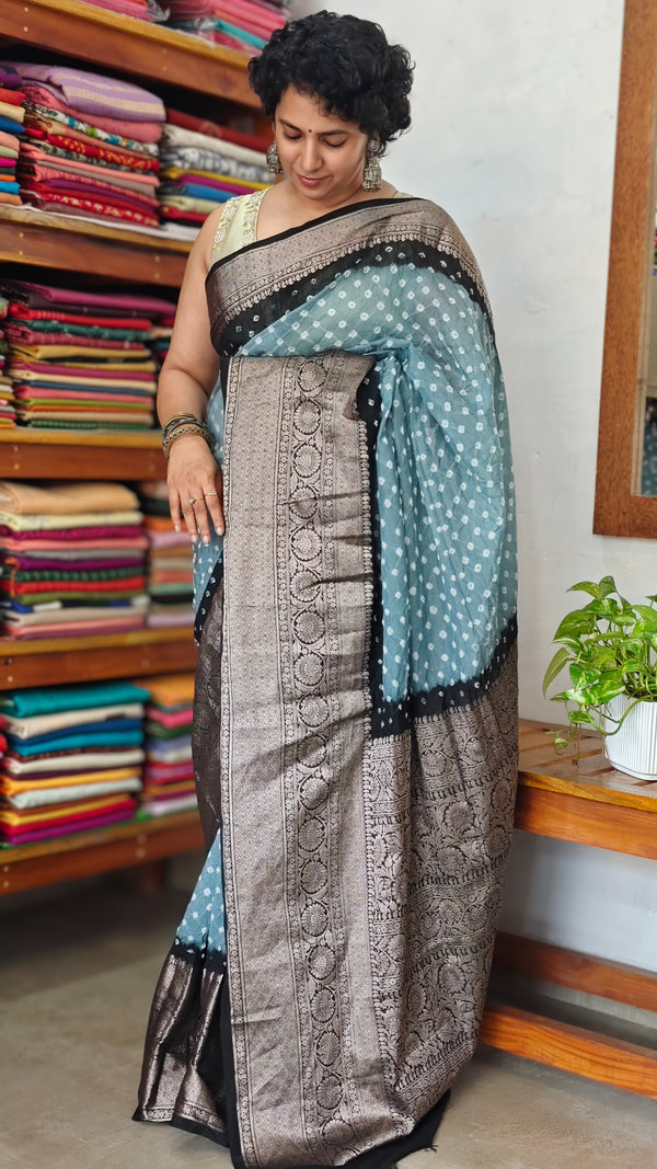 Dusky Blue and Black Organza Bandhani Saree - YK25