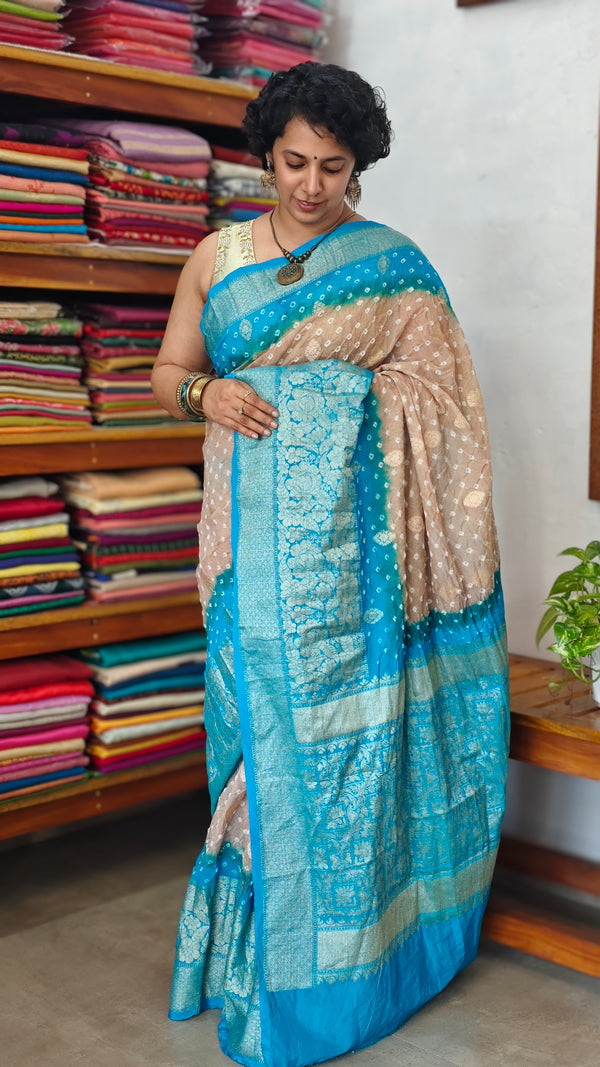 Golden Beige and Blue Organza Bandhani Saree - YK25