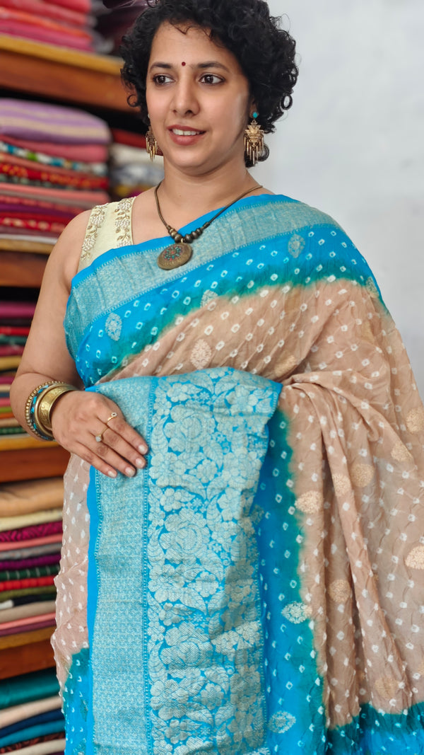 Golden Beige and Blue Organza Bandhani Saree - YK25