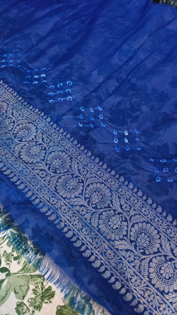French Gray and Royal Blue Organza Bandhani Saree - YK25