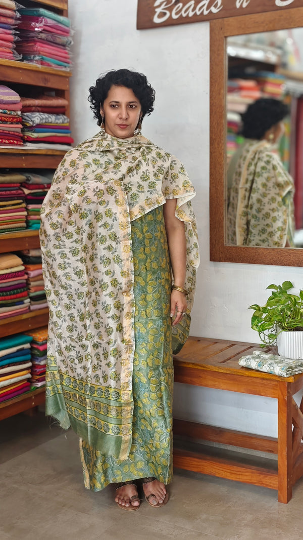 Green and Cream Block Printed Maheshwari Suit - SL291