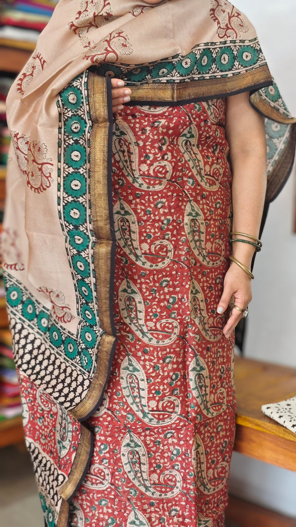 Brick Red and Cream Block Printed Maheshwari Suit - SL291