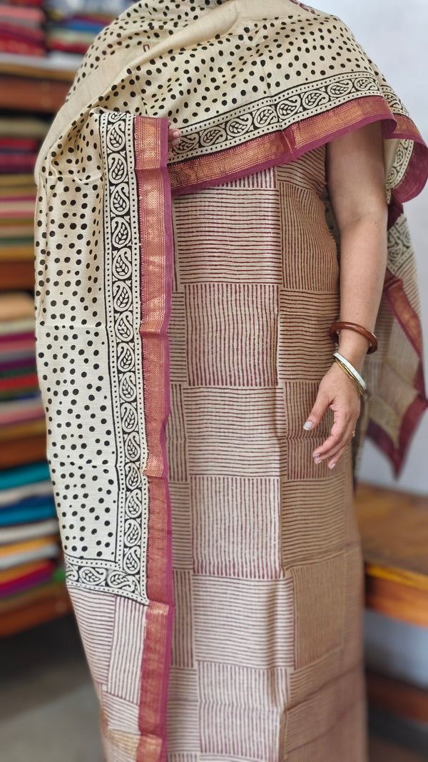 Mauve and Beige Block Printed Maheshwari Suit - SL291
