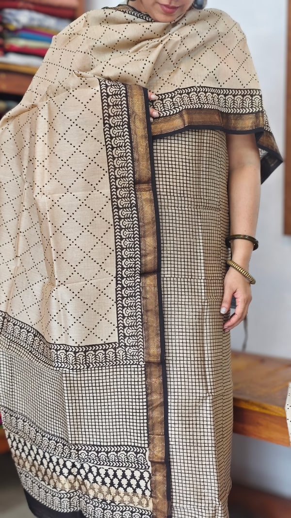 Black and Beige Geometric Block Printed Maheshwari Suit - SL291