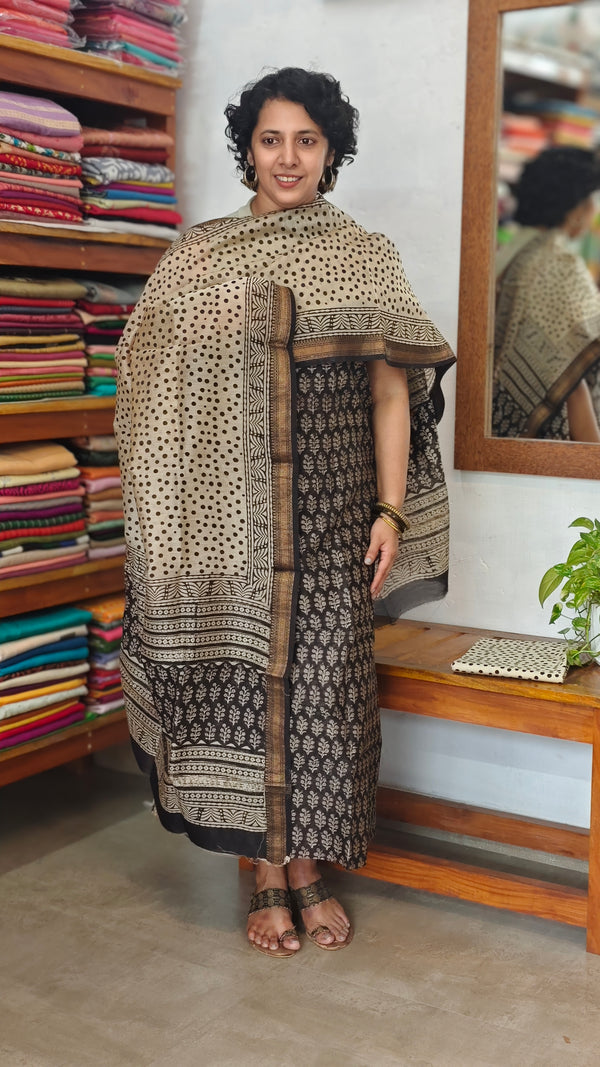 Black and Beige Block Printed Maheshwari Suit - SL291