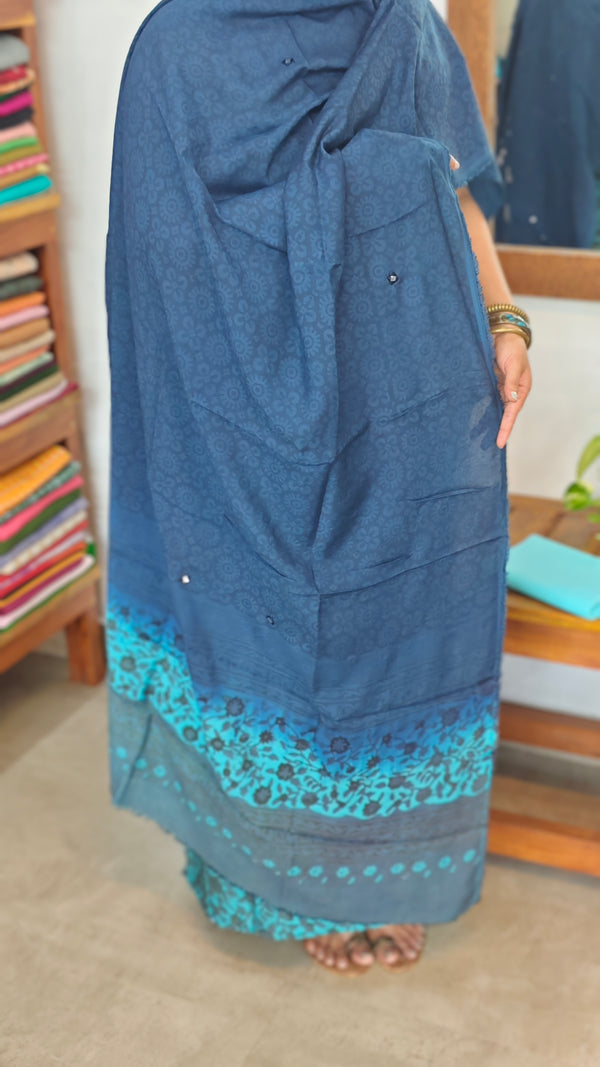 Cyan Blue and Navy Blue Block Printed Modal Cotton Suit