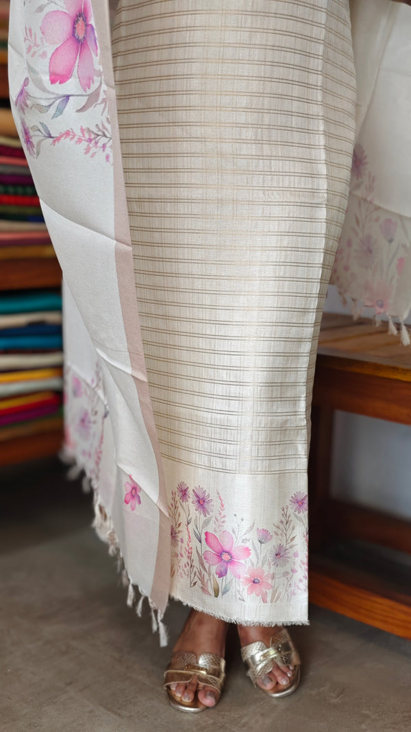 Cream and Gold Checked Semi Silk Suit - D1 - CSU7