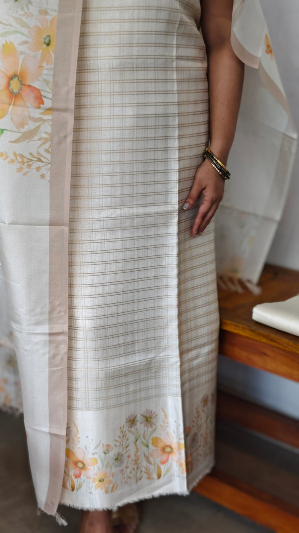 Cream and Gold Semi Silk Zari Checked Suit - D4 - CSU7